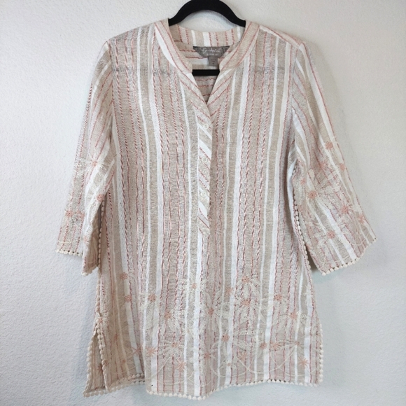Sandpoint by Coldwater Creek Embroidered Stripe Linen Tunic Top Size XS - Picture 1 of 8